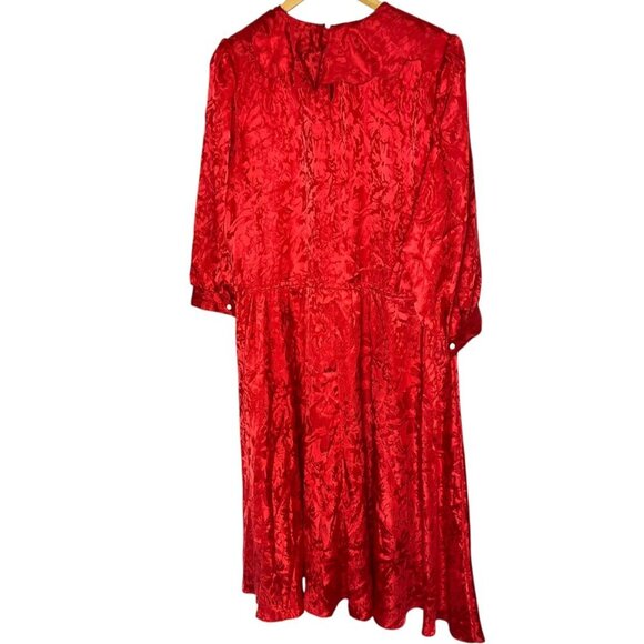 Vintage IFI Size 16 Floral Satin Midi Dress Red 80's Long Sleeve Modest Evening - Picture 4 of 6
